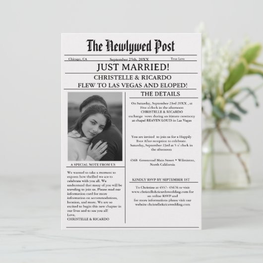 Eenvoudig krantenbericht huwelijk voltrokken kaart (Staand voorkant)