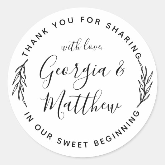 Eenvoudig laat script namen ronde bruiloft dank u ronde sticker (Voorkant)