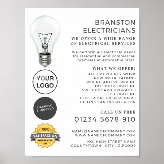 Eenvoudig lampje, elektricien Adverteren Poster (Voorkant)