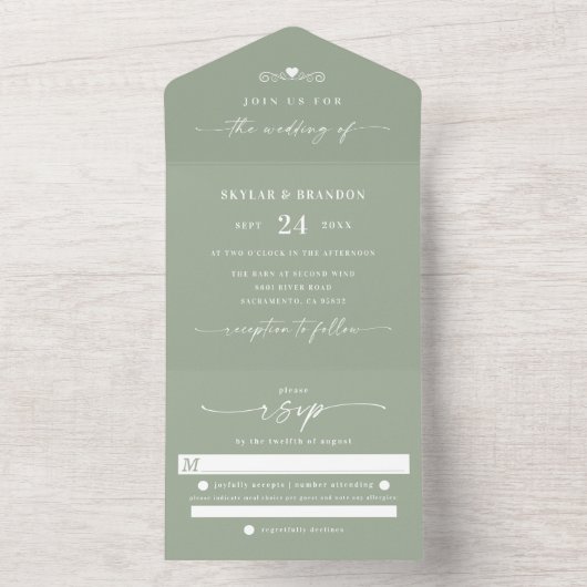 Eenvoudig lef Green Elegant Calligraphy Wedding All In One Uitnodiging (Binnen)