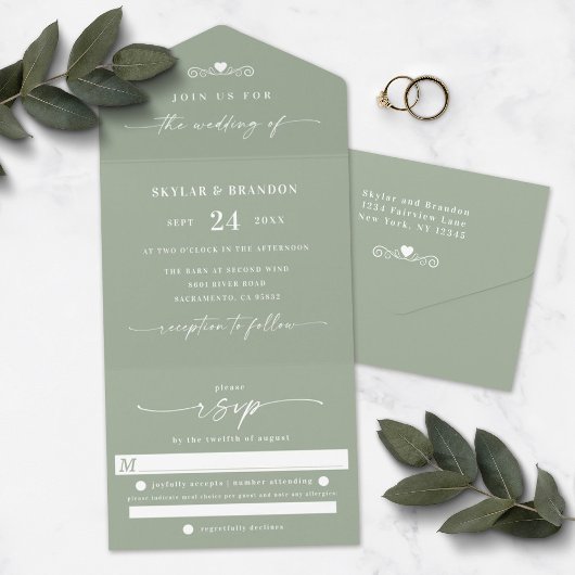 Eenvoudig lef Green Elegant Calligraphy Wedding All In One Uitnodiging