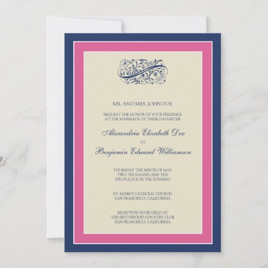 Eenvoudig legant 5x7 Fuchsia/Navy Wedding Invite Kaart (Voorkant)