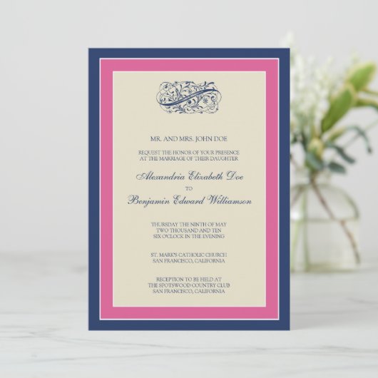 Eenvoudig legant 5x7 Fuchsia/Navy Wedding Invite Kaart (Staand voorkant)