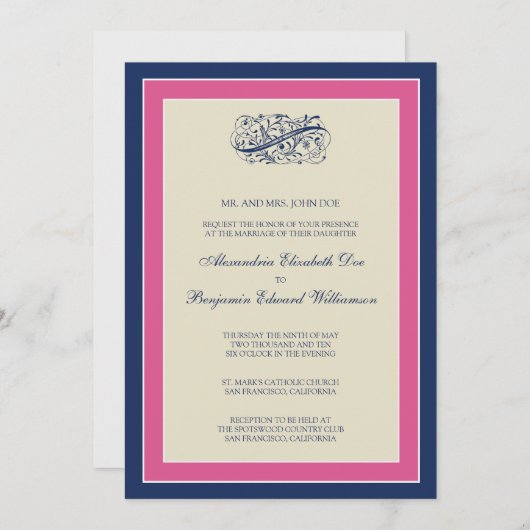 Eenvoudig legant 5x7 Fuchsia/Navy Wedding Invite Kaart (Voorkant / Achterkant)