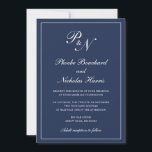Eenvoudig legant formeel monogram marineverbinding kaart<br><div class="desc">Traditionele marinesouwe bruinbruiloft met een eenvoudig en klassiek ontwerp met uw twee initiaal monogram en uw namen in een elegante kalligrafie binnen een dunne grens. Alle ontwerpelementen kunnen worden gewijzigd in het ontwerpbewerkgereedschap. Deze elegante trouwuitnodigingen zijn perfect voor een formele bruiloft.</div>