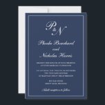 Eenvoudig legant formeel monogram marineverbinding kaart<br><div class="desc">Traditionele marinesouwe bruinbruiloft met een eenvoudig en klassiek ontwerp met uw twee initiaal monogram en uw namen in een elegante kalligrafie binnen een dunne grens. Alle ontwerpelementen kunnen worden gewijzigd in het ontwerpbewerkgereedschap. Deze elegante trouwuitnodigingen zijn perfect voor een formele bruiloft.</div>