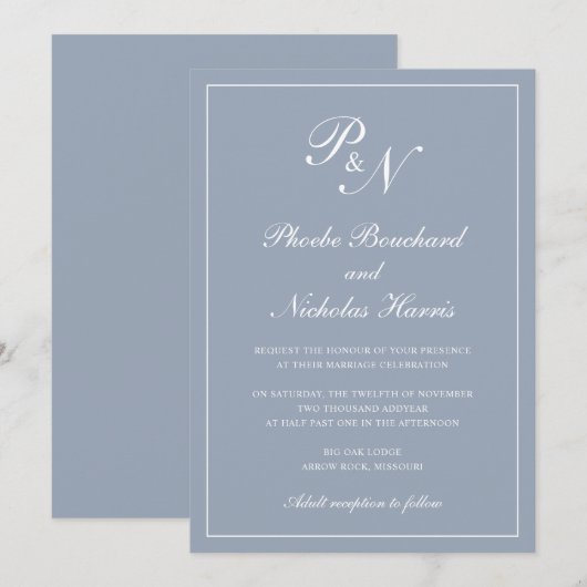 Eenvoudig legant formeel monogram puisty Blue Wedd Kaart (Voorkant / Achterkant)