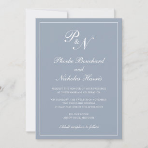Eenvoudig legant formeel monogram puisty Blue Wedd Kaart