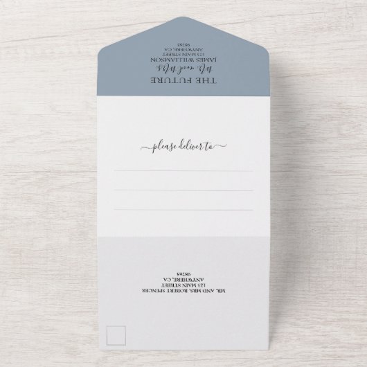 Eenvoudig legant fotohuwelijk RSVP Dusty Blue All In One Uitnodiging (Buitenkant)