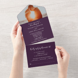 Eenvoudig legant fotohuwelijk RSVP Paars All In One Uitnodiging