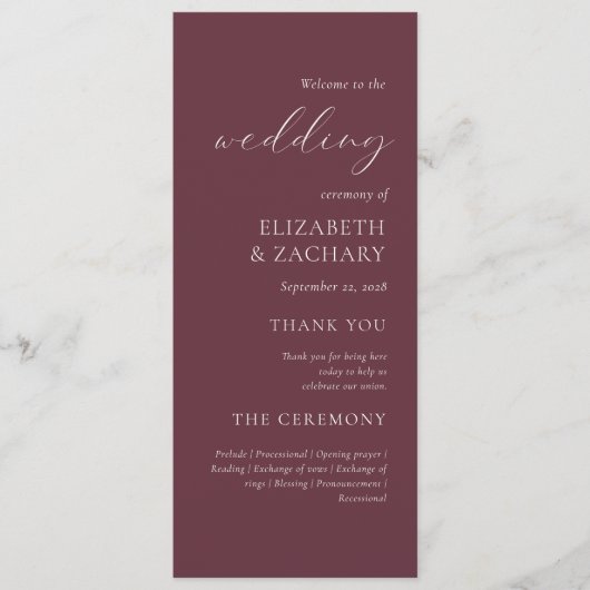 Eenvoudig legant script Bourgogne Weddenschap Programmakaart (Voorkant)