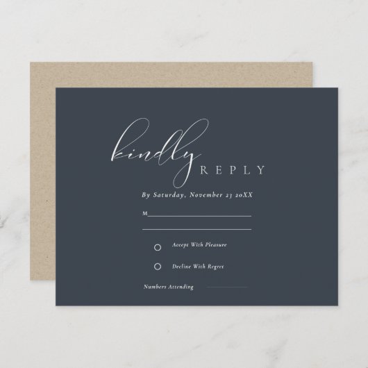 Eenvoudig legant Script Navy Black Wedding RSVP Informatiekaartje (Voorkant / Achterkant)