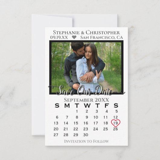 Eenvoudig lesje en stijlvol kalender en fotohuweli save the date (Voorkant)