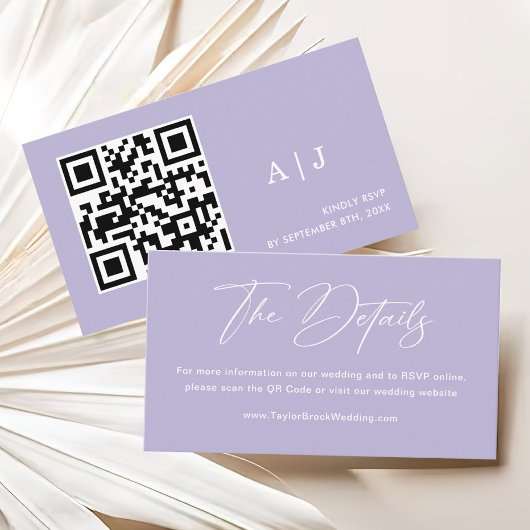 Eenvoudig licht Paarse bruiloft details Informatiekaartje