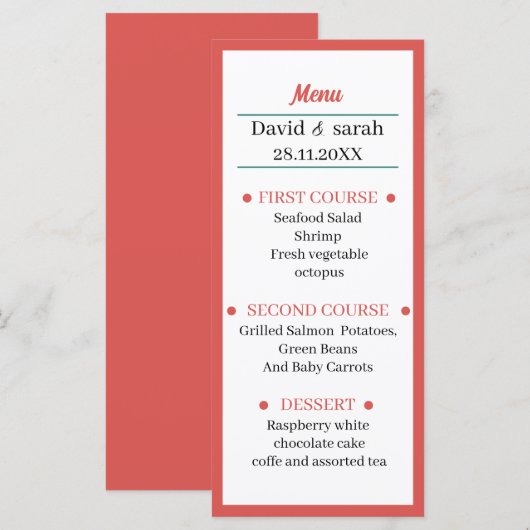 Eenvoudig licht rood bruiloft diner menu (Voorkant / Achterkant)