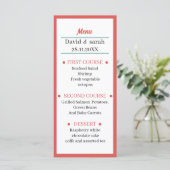 Eenvoudig licht rood bruiloft diner menu (Staand voorkant)