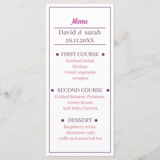 Eenvoudig licht Roos Gepersonaliseerd bruiloftsdin Menu (Voorkant)