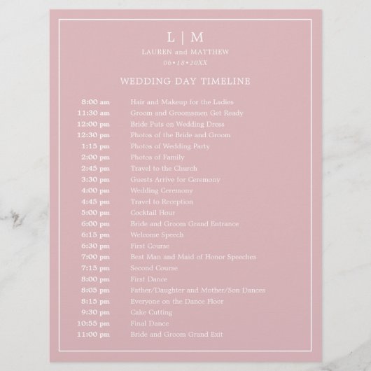 Eenvoudig licht roze monogram bruiloft tijdlijn (Voorkant)