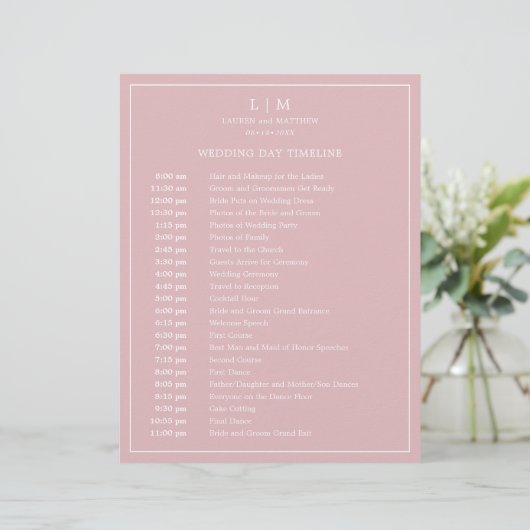 Eenvoudig licht roze monogram bruiloft tijdlijn (Staand voorkant)