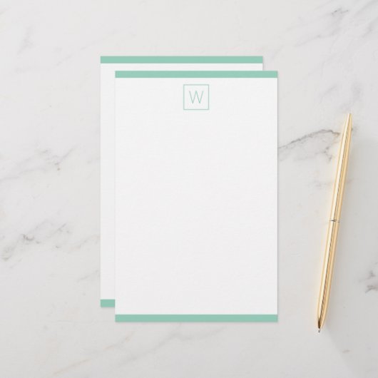 Eenvoudig licht teal en wit monogram briefpapier (Voorkant / Achterkant in situ)