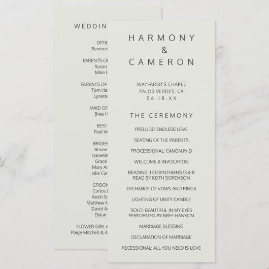 Eenvoudig lichtbeige bruiloft programmakaart (Voorkant / Achterkant)