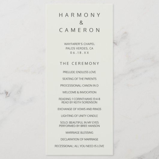 Eenvoudig lichtbeige bruiloft programmakaart (Voorkant)