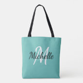 Eenvoudig lichtblauw en wit monogram tote bag (Achterkant)