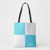 Eenvoudig lichtblauw en wit vierkant monogram tote bag (Voorkant)