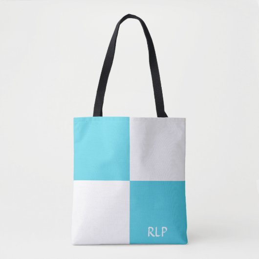 Eenvoudig lichtblauw en wit vierkant monogram tote bag (Voorkant)