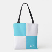Eenvoudig lichtblauw en wit vierkant monogram tote bag (Achterkant)