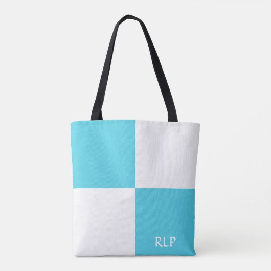 Eenvoudig lichtblauw en wit vierkant monogram tote bag (Achterkant)