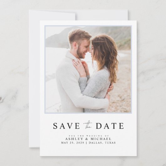 Eenvoudig lichtblauw modern script foto-bruiloft save the date (Voorkant)