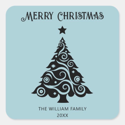 Eenvoudig lichtblauw vrolijk kerstboomcadeau vierkante sticker (Voorkant)