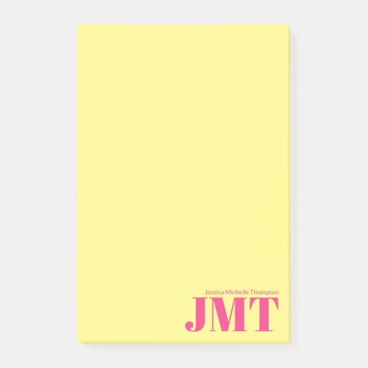 Eenvoudig lichtgeel en helder roze naammonogram post-it® notes (Voorkant)