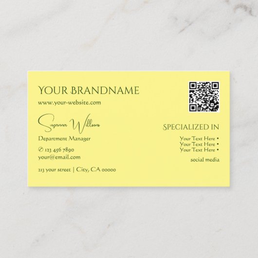 Eenvoudig lichtgeel met monogram QR-code Visitekaartje (Achterkant)