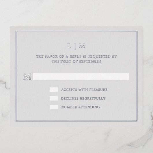 Eenvoudig lichtgrijs monogram Elegant Huwelijk RSV Folie Uitnodiging Briefkaart (Voorkant)