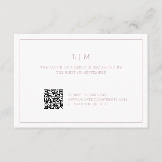 Eenvoudig lichtroze monogram QR-code Elegante brui RSVP Kaartje (Voorkant)