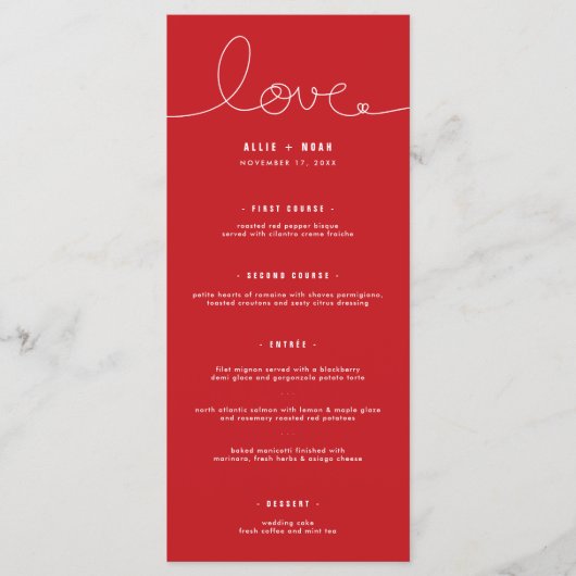 Eenvoudig liefdeshart op rood minimalistisch huwel menu (Voorkant)