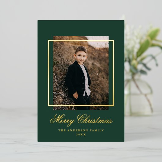 Eenvoudig Lijst Foto groen en goud Folie Feestdagenkaart (Staand Voorkant)