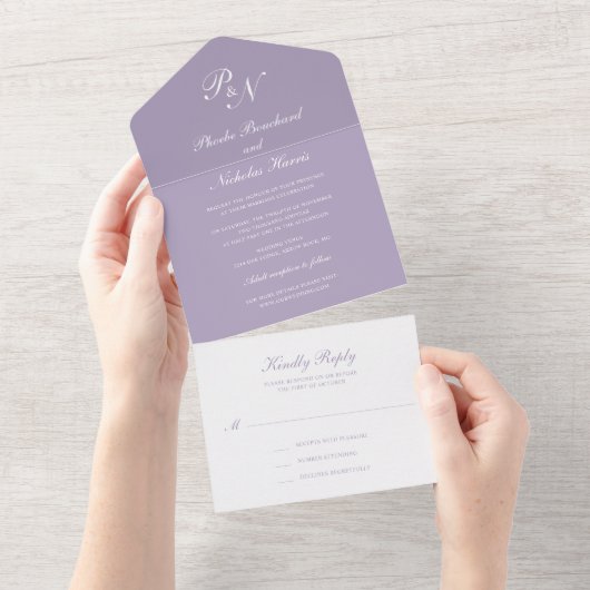 Eenvoudig Lila monogram Elegant Dusty Paars Weddin All In One Uitnodiging (Afscheurbaar)
