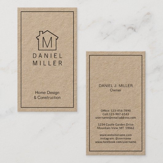 Eenvoudig Logo monogram - Verticaal Kraft & Zwart Visitekaartje (Voorkant / Achterkant)