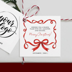 Eenvoudig Logo Prettig Kerstmis Rode Lint Zakelijk Bedankjes Labels