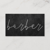 Eenvoudig luxe zwarte lederen barber zilver script visitekaartje (Voorkant)