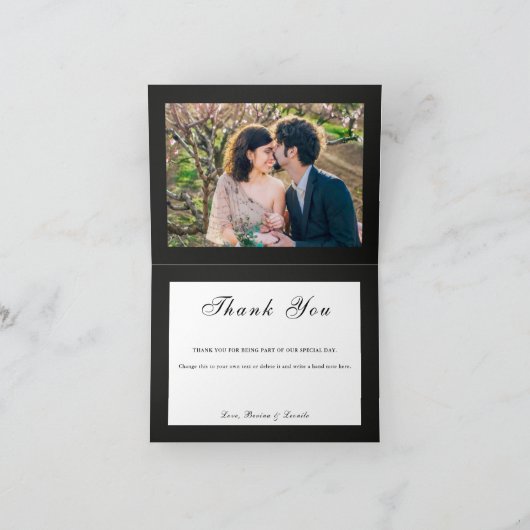 Eenvoudig, maar elegant: zwart linnen met monogram bedankkaart (Binnen)