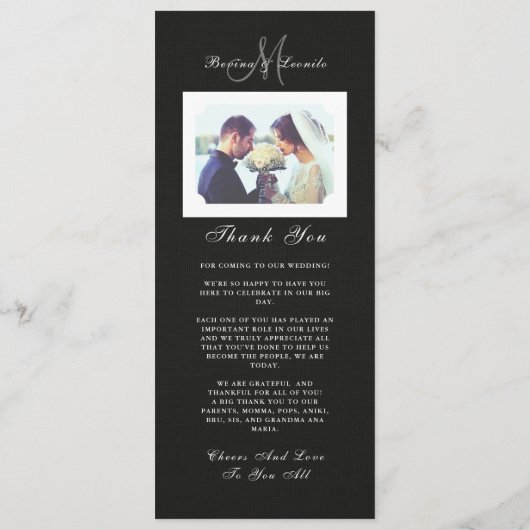 Eenvoudig, maar elegant: zwart linnen met monogram menu (Achterkant)