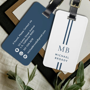 Eenvoudig mannelijk donkerblauw en wit monogram bagagelabel