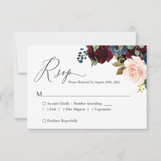 Eenvoudig Manuscript Burgundy Navy Blush Floral We RSVP Kaartje (Voorkant)