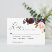 Eenvoudig Manuscript Burgundy Navy Blush Floral We RSVP Kaartje (Staand voorkant)