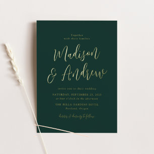 Eenvoudig Manuscript Forest Green en Gold Wedding Folie Uitnodiging
