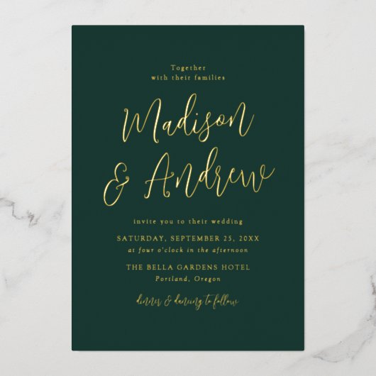 Eenvoudig Manuscript Forest Green en Gold Wedding Folie Uitnodiging (Voorkant)